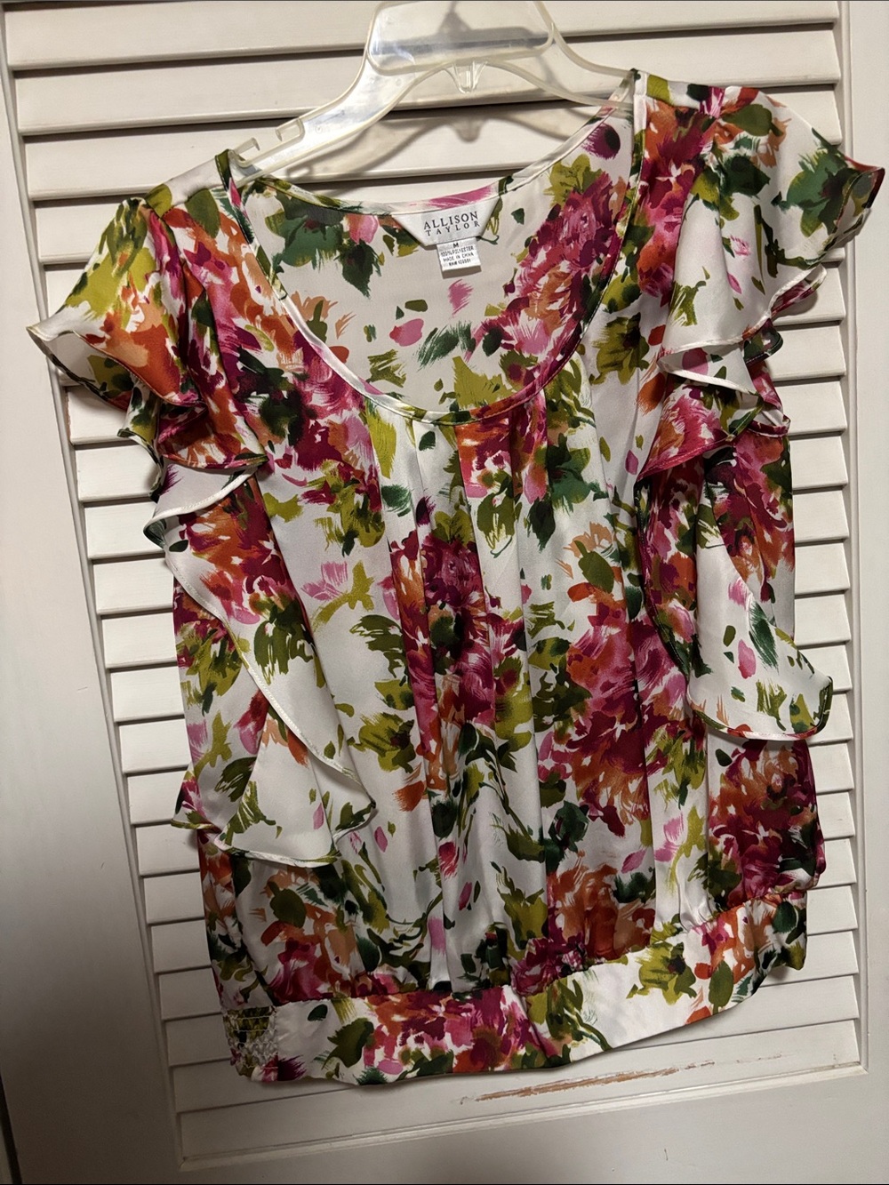 Allison Taylor White Floral Ruffle Sleeve Blouse - Pink/Green/Orange